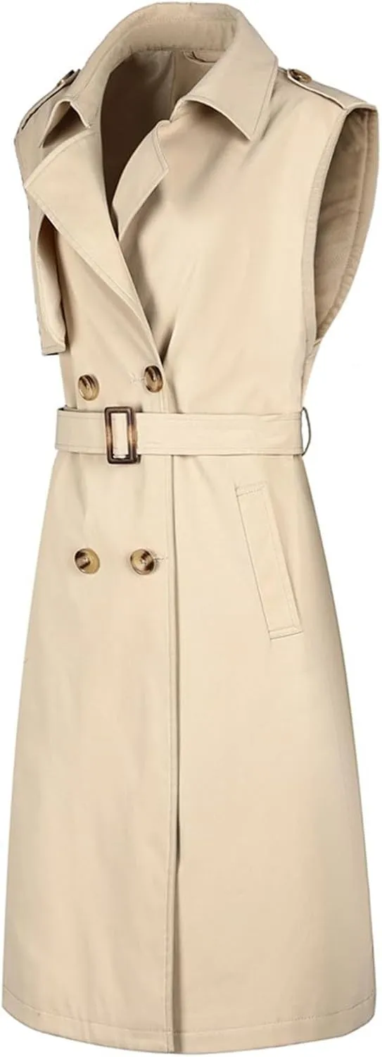 Sleeveless Trench Coat Women V Neck Double Breasted Belted Overcoat Business Casual Work Jacket Blazer Dress 2024