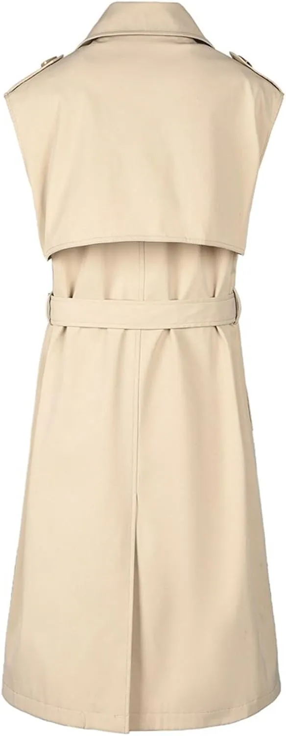 Sleeveless Trench Coat Women V Neck Double Breasted Belted Overcoat Business Casual Work Jacket Blazer Dress 2024