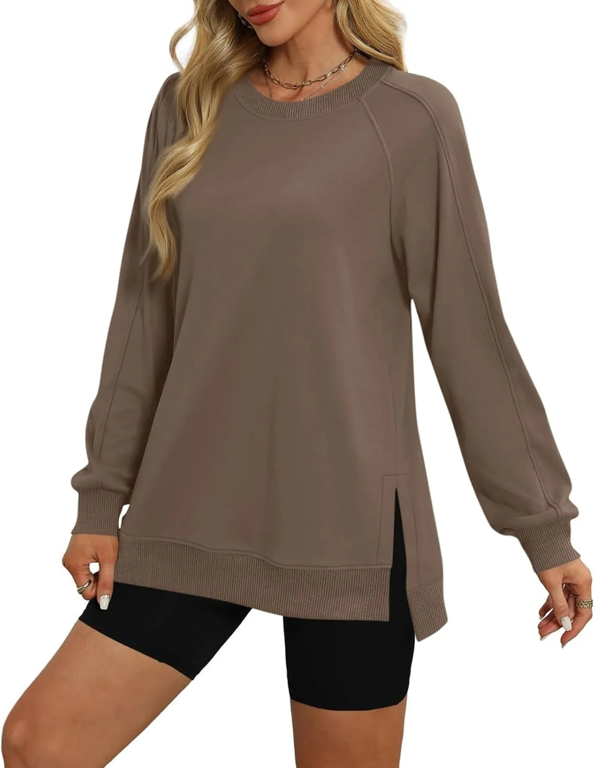 slqdgmryz Crewneck Sweatshirts Women Side Split Oversized Sweatshirt No Hood Crew Neck Y2k Hoodie Long Sleeve Tunic Pullover