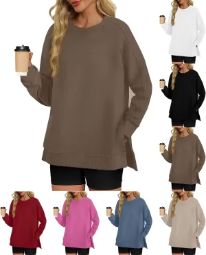 slqdgmryz Crewneck Sweatshirts Women Side Split Oversized Sweatshirt No Hood Crew Neck Y2k Hoodie Long Sleeve Tunic Pullover