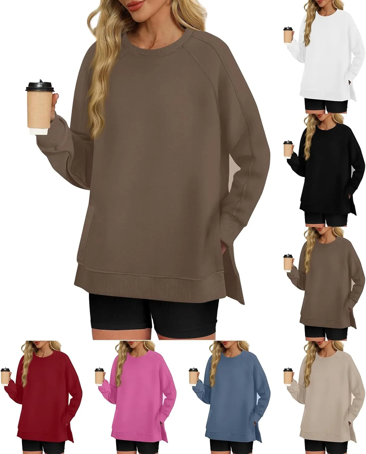 slqdgmryz Crewneck Sweatshirts Women Side Split Oversized Sweatshirt No Hood Crew Neck Y2k Hoodie Long Sleeve Tunic Pullover