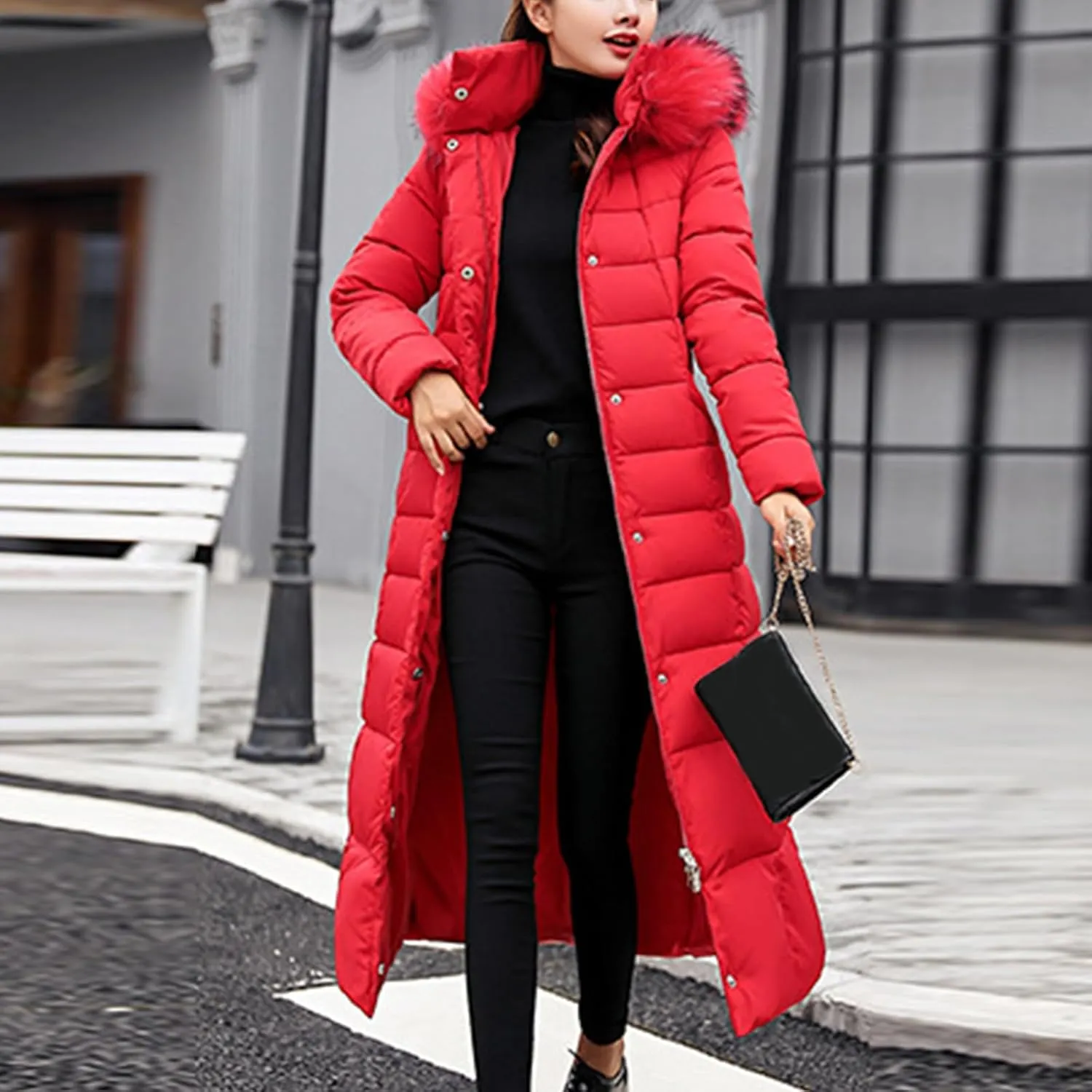 SMIDOW Womens Fashion Hooded Coat 2023 Quilted Long Puffer Jackets Waterproof Warm Winter Maxi Length Parka Coats