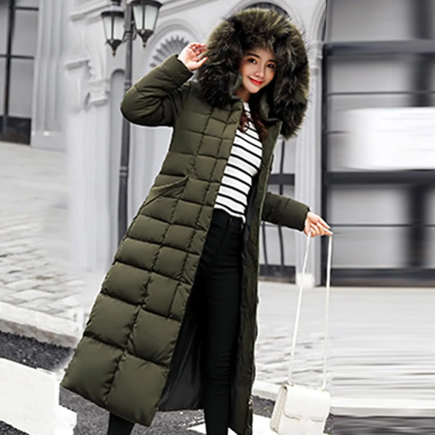 SMIDOW Womens Fashion Hooded Coat 2023 Quilted Long Puffer Jackets Waterproof Warm Winter Maxi Length Parka Coats