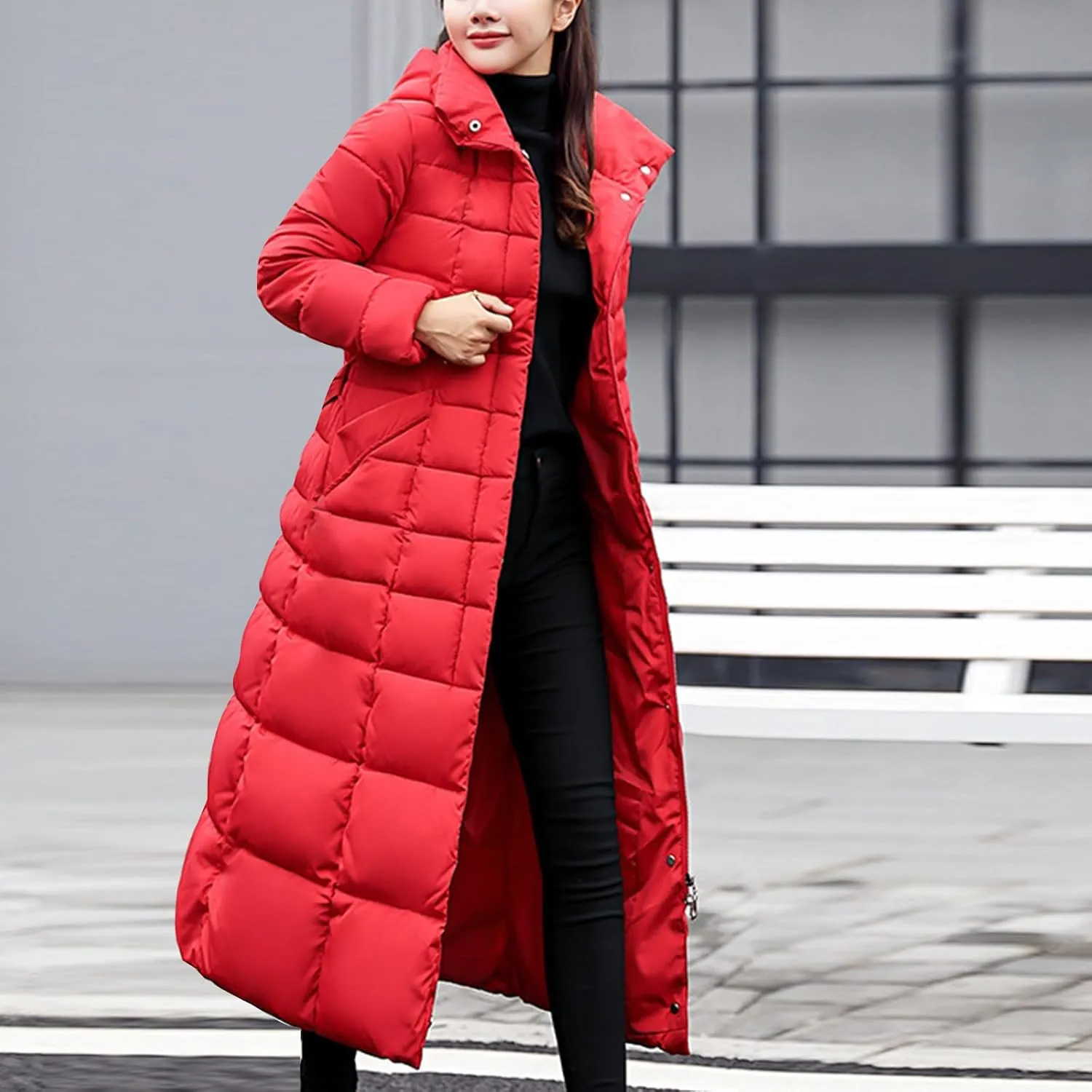SMIDOW Womens Fashion Hooded Coat 2023 Quilted Long Puffer Jackets Waterproof Warm Winter Maxi Length Parka Coats
