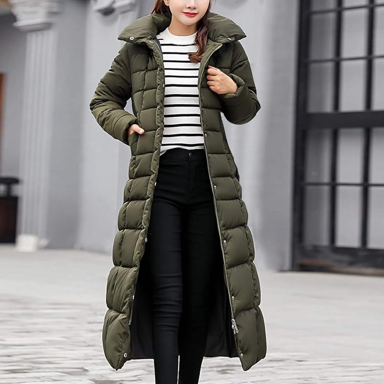 SMIDOW Womens Fashion Hooded Coat 2023 Quilted Long Puffer Jackets Waterproof Warm Winter Maxi Length Parka Coats