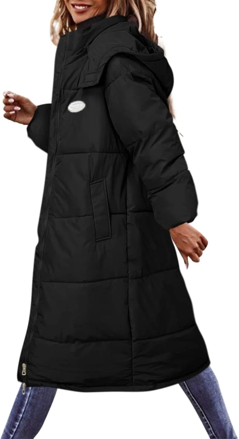Solid Womens Puffy Jackets Long Outwear Bubble Jackets Over The Knee Cotton Padded Coat Warm Coats Winter 2023 Loose