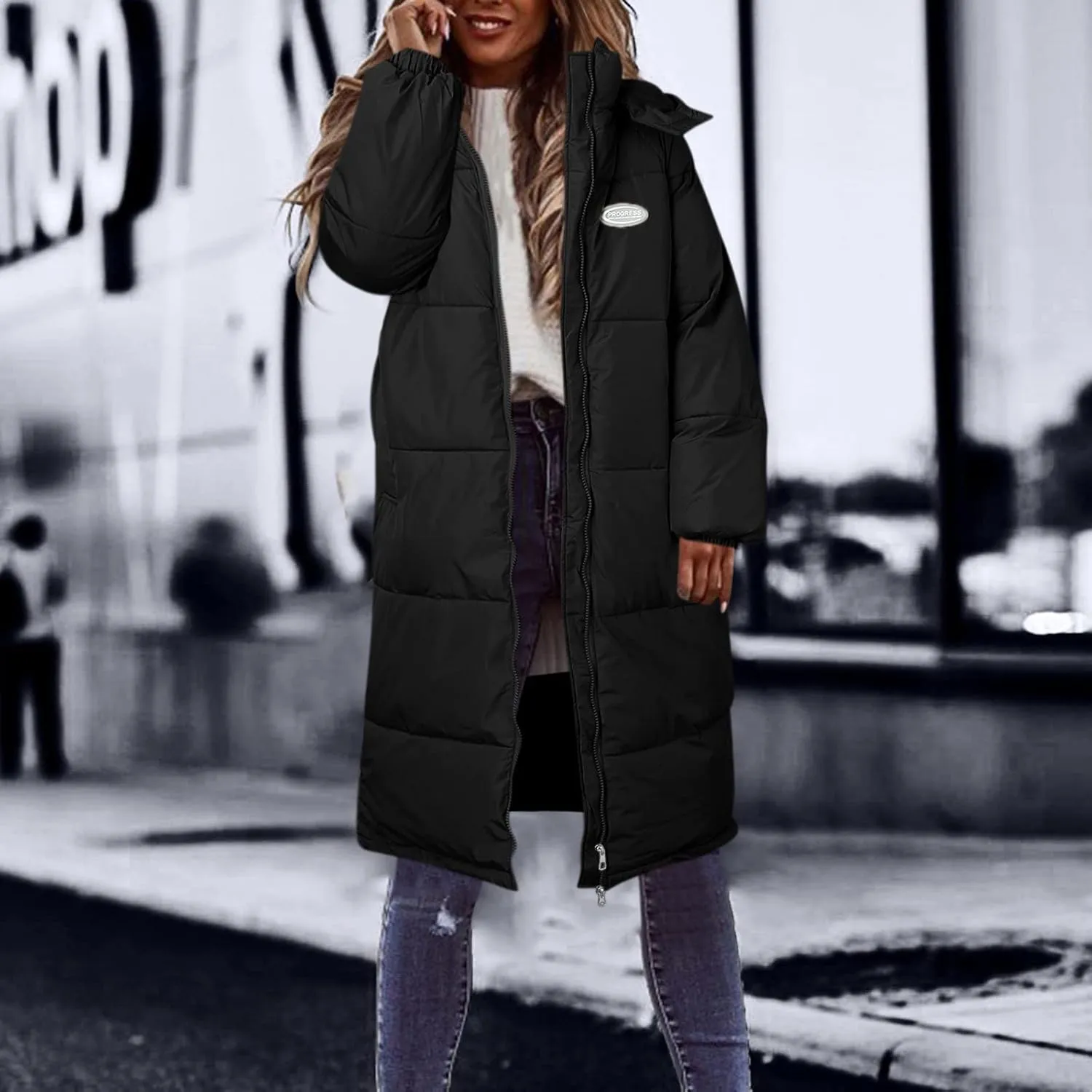 Solid Womens Puffy Jackets Long Outwear Bubble Jackets Over The Knee Cotton Padded Coat Warm Coats Winter 2023 Loose