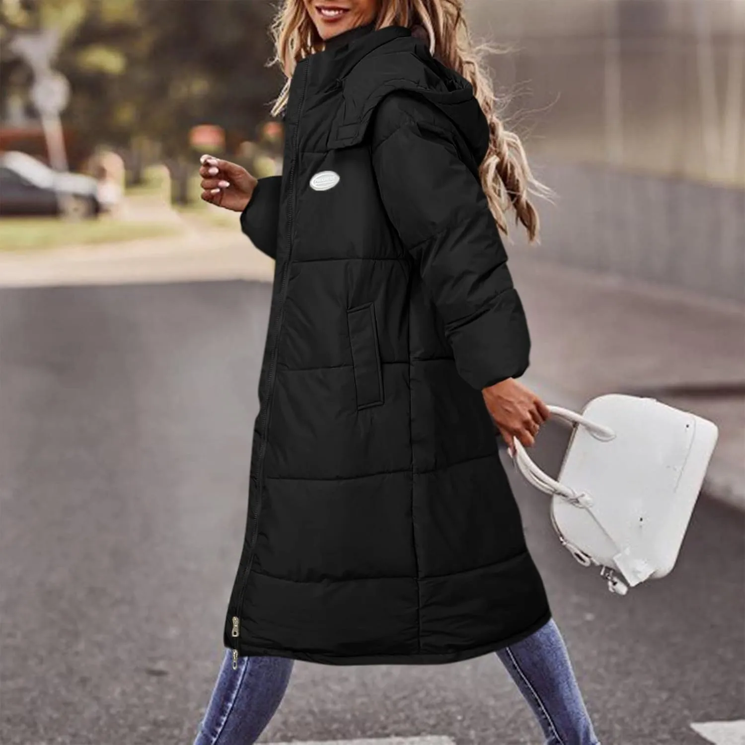 Solid Womens Puffy Jackets Long Outwear Bubble Jackets Over The Knee Cotton Padded Coat Warm Coats Winter 2023 Loose