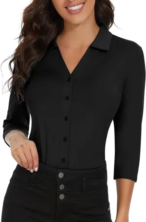 Soneven Womens 3/4 Sleeve Button Down Shirt V Neck Collared Polo Shirts Work Blouses