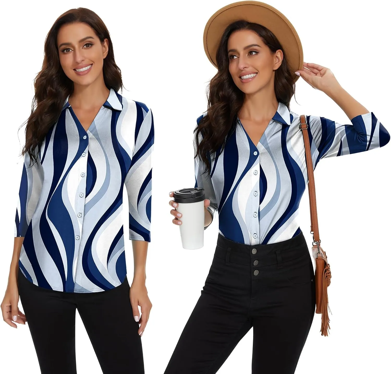 Soneven Womens 3/4 Sleeve Button Down Shirt V Neck Collared Polo Shirts Work Blouses