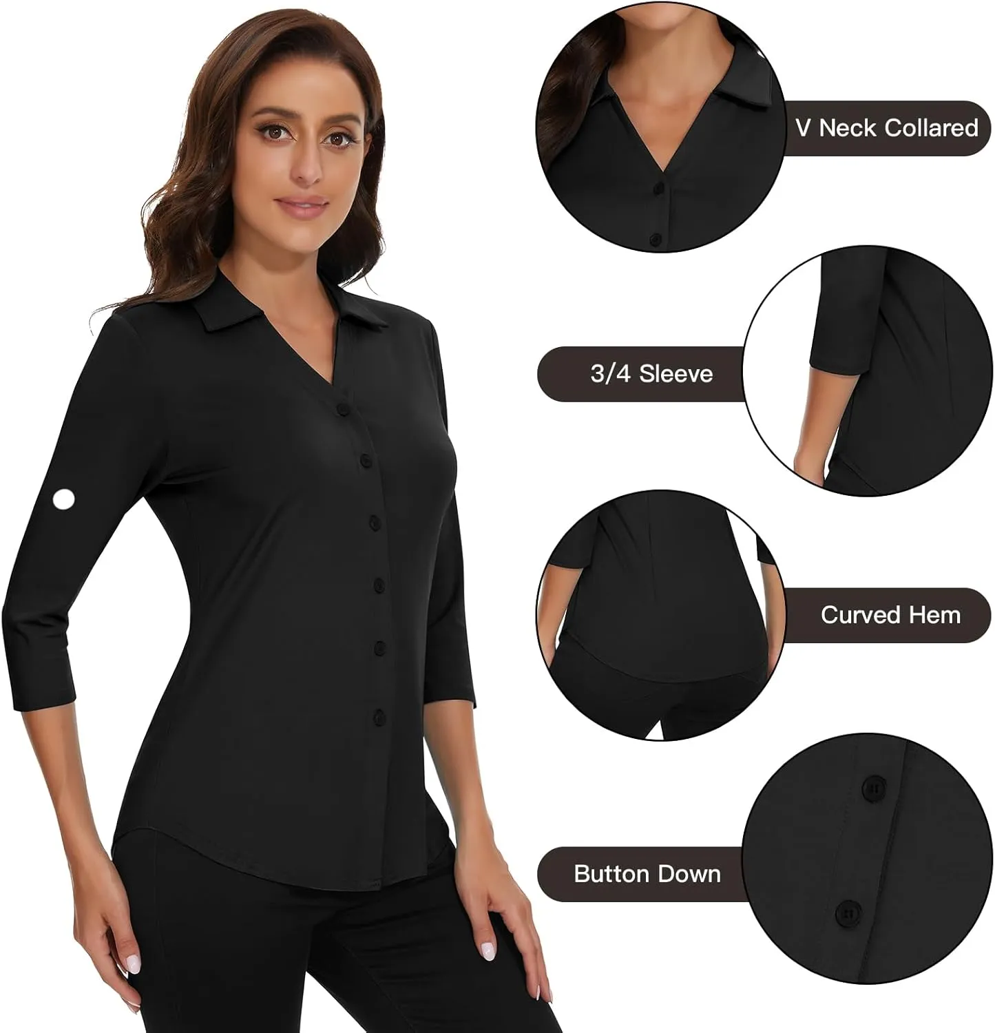 Soneven Womens 3/4 Sleeve Button Down Shirt V Neck Collared Polo Shirts Work Blouses