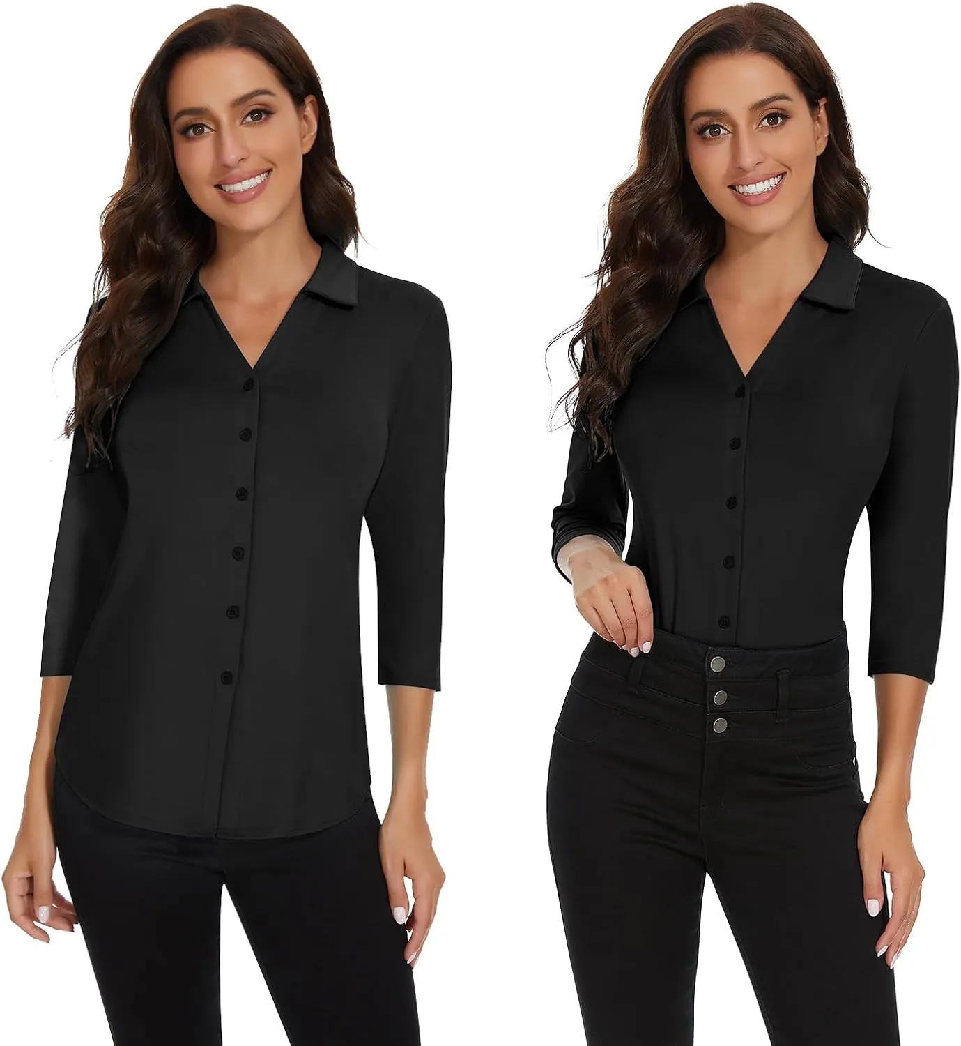 Soneven Womens 3/4 Sleeve Button Down Shirt V Neck Collared Polo Shirts Work Blouses