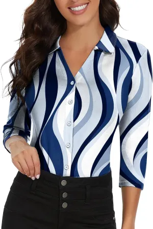 Soneven Womens 3/4 Sleeve Button Down Shirt V Neck Collared Polo Shirts Work Blouses