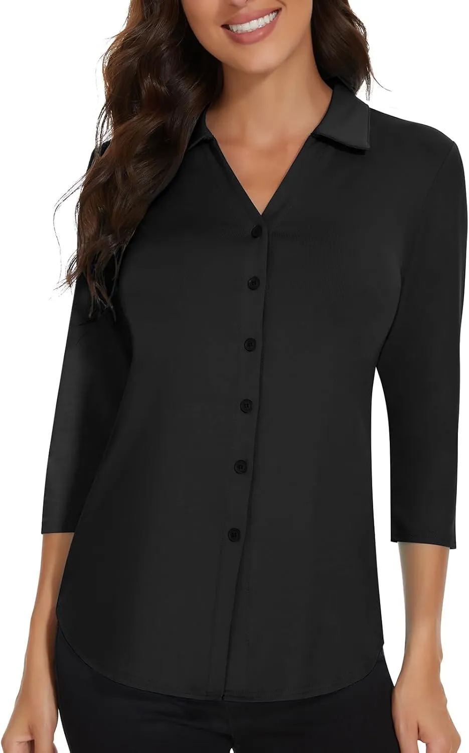 Soneven Womens 3/4 Sleeve Button Down Shirt V Neck Collared Polo Shirts Work Blouses