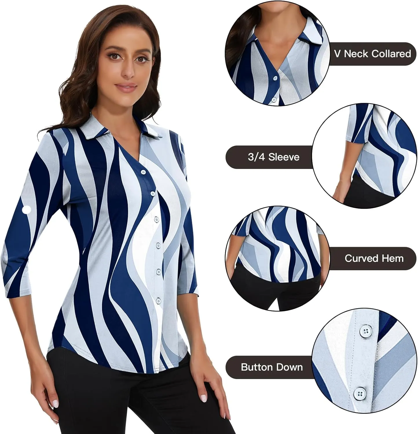 Soneven Womens 3/4 Sleeve Button Down Shirt V Neck Collared Polo Shirts Work Blouses