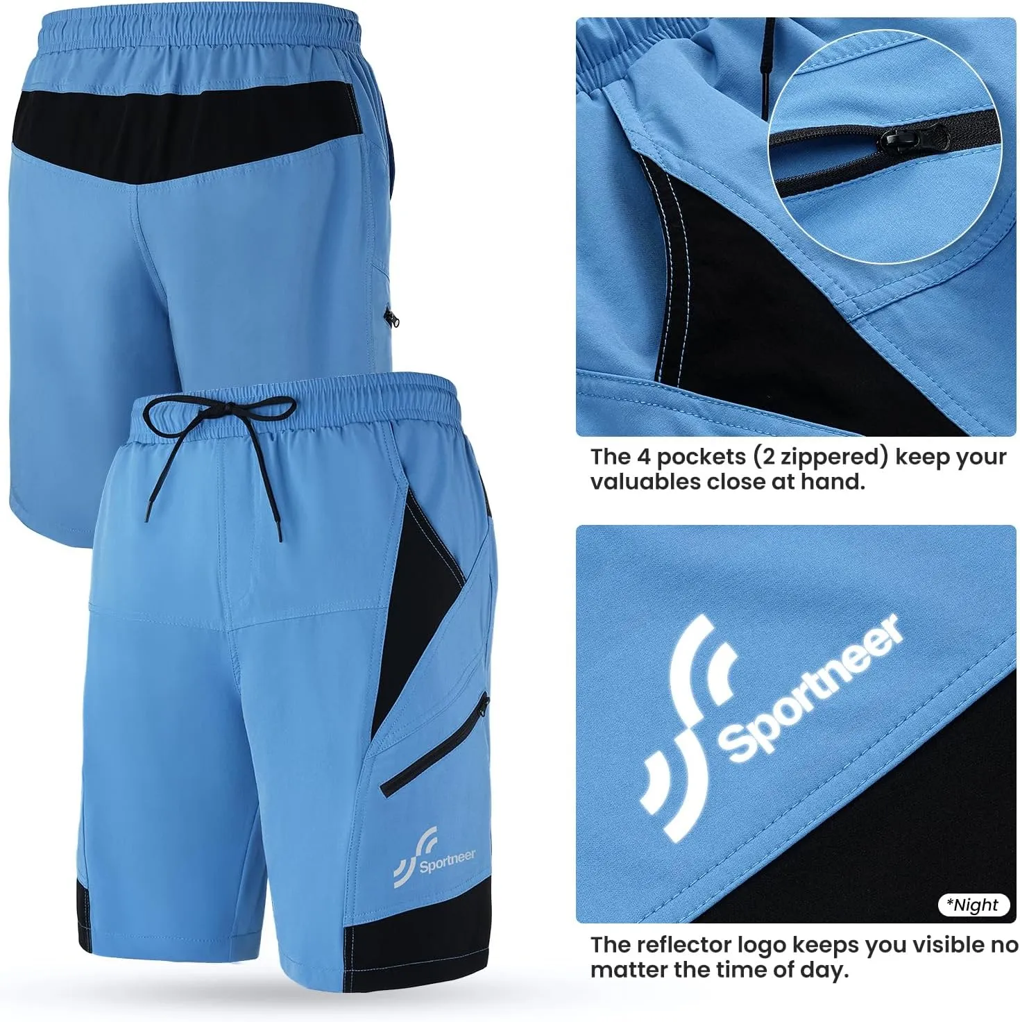 Sportneer Bike Shorts for Men: 3D Padded Lightweight Riding Biking Cycling Mountain Bike Shorts for Men with Zipper Pockets