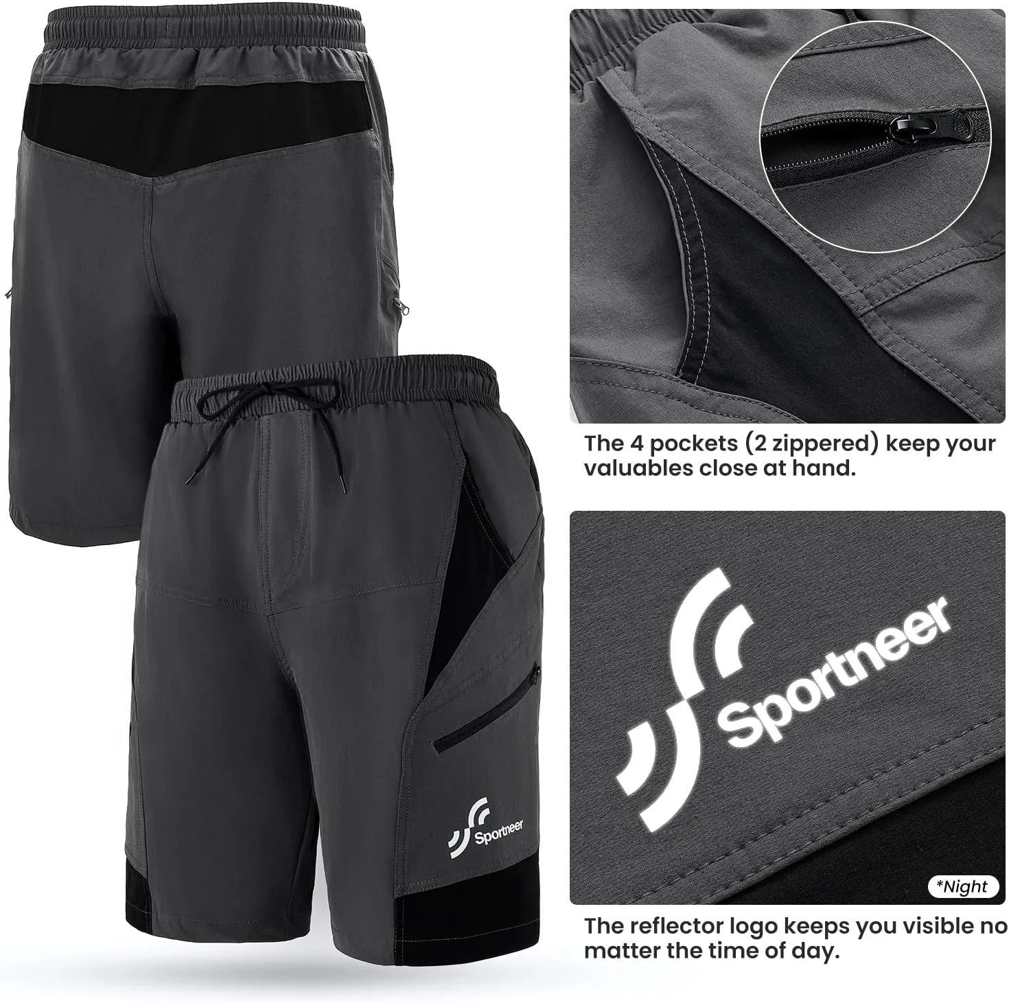 Sportneer Bike Shorts for Men: 3D Padded Lightweight Riding Biking Cycling Mountain Bike Shorts for Men with Zipper Pockets