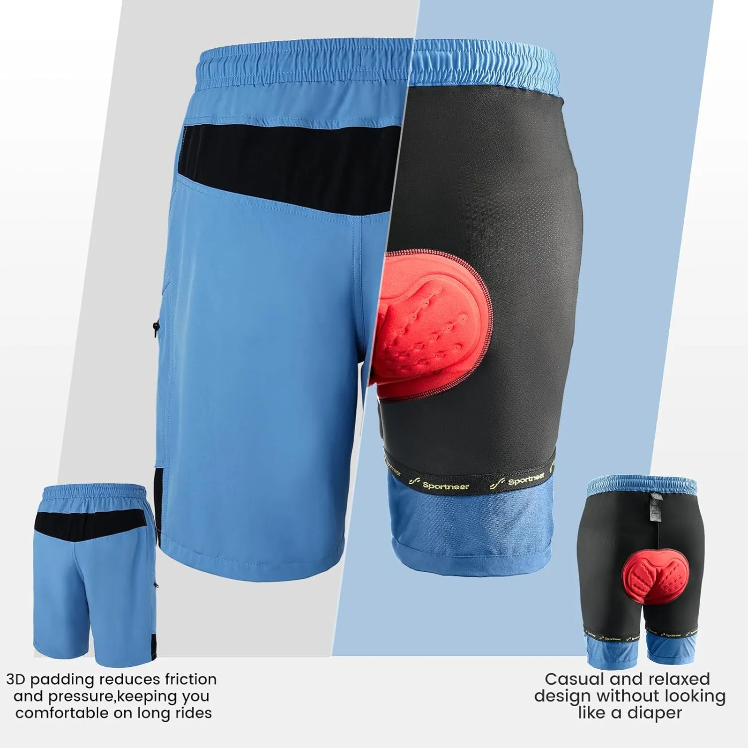 Sportneer Bike Shorts for Men: 3D Padded Lightweight Riding Biking Cycling Mountain Bike Shorts for Men with Zipper Pockets
