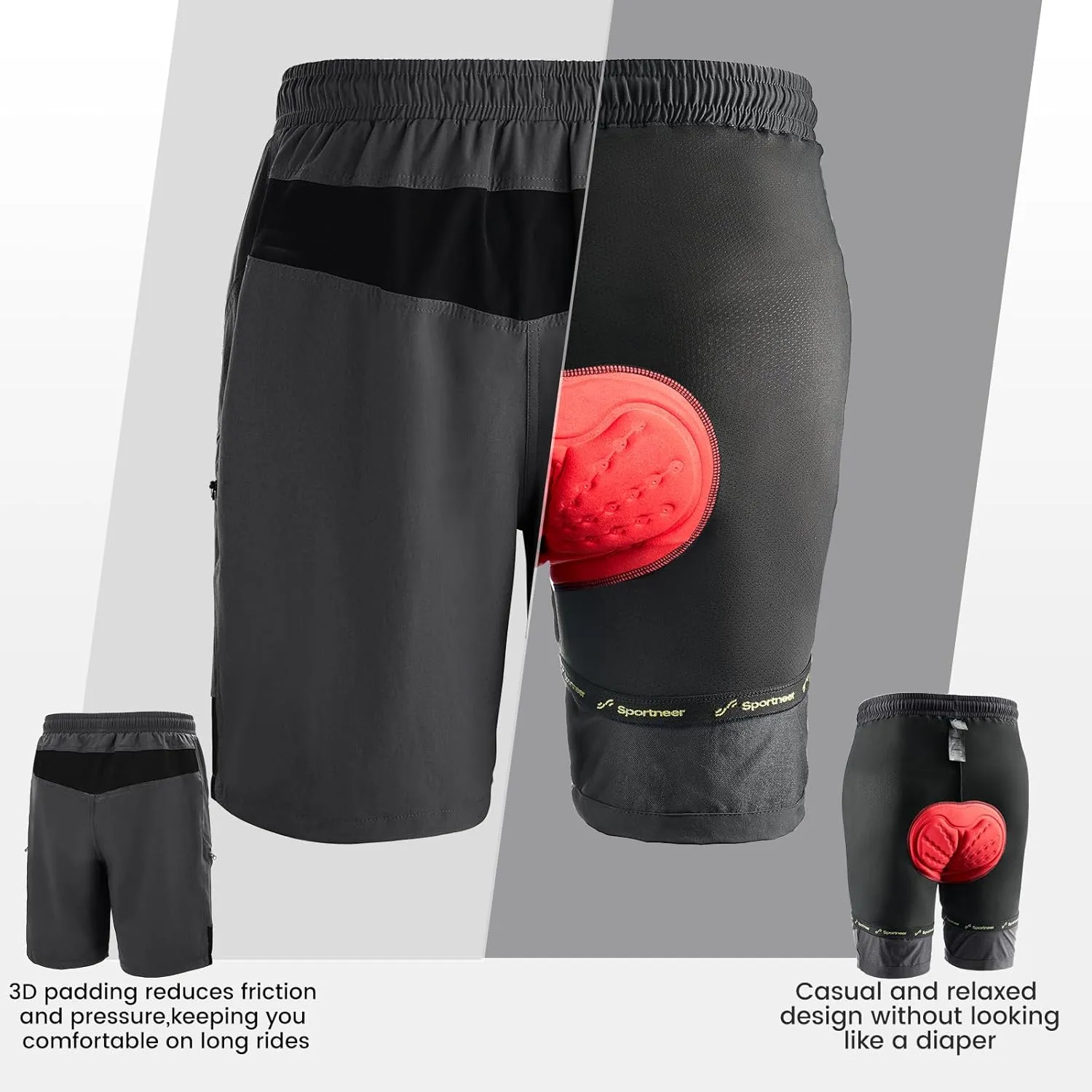 Sportneer Bike Shorts for Men: 3D Padded Lightweight Riding Biking Cycling Mountain Bike Shorts for Men with Zipper Pockets
