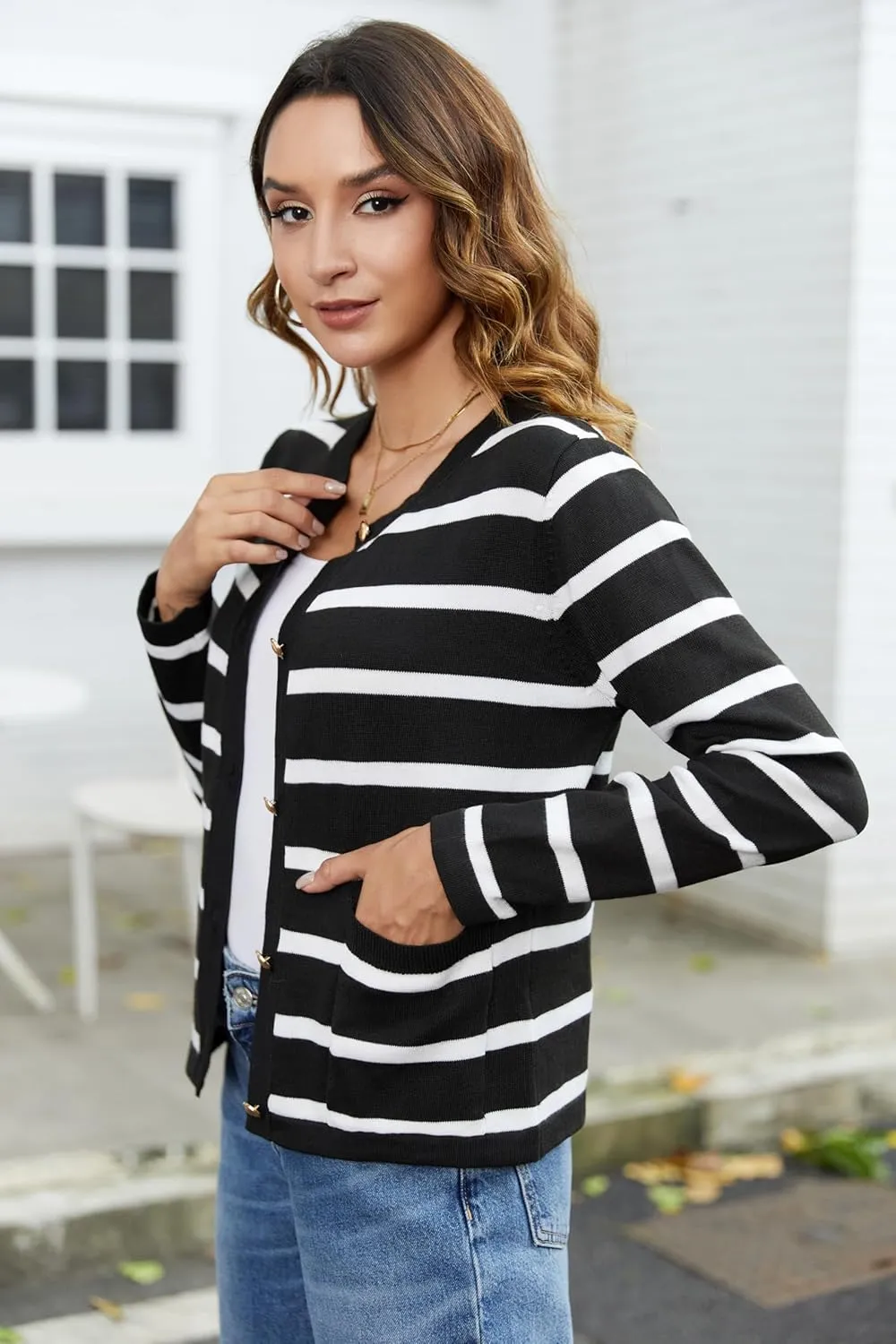 Striped Cardigan Sweater for Women Casual Lightweight Knitted Cardigans Long Sleeve Button Down Pocket Cardigan Top