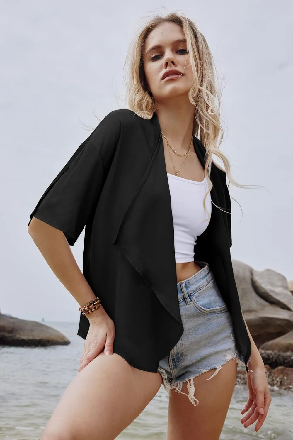 STYLEWORD Womens Lightweight Summer Cardigan Casual Short Sleeve Kimono Boho Draped Beach Cover Ups