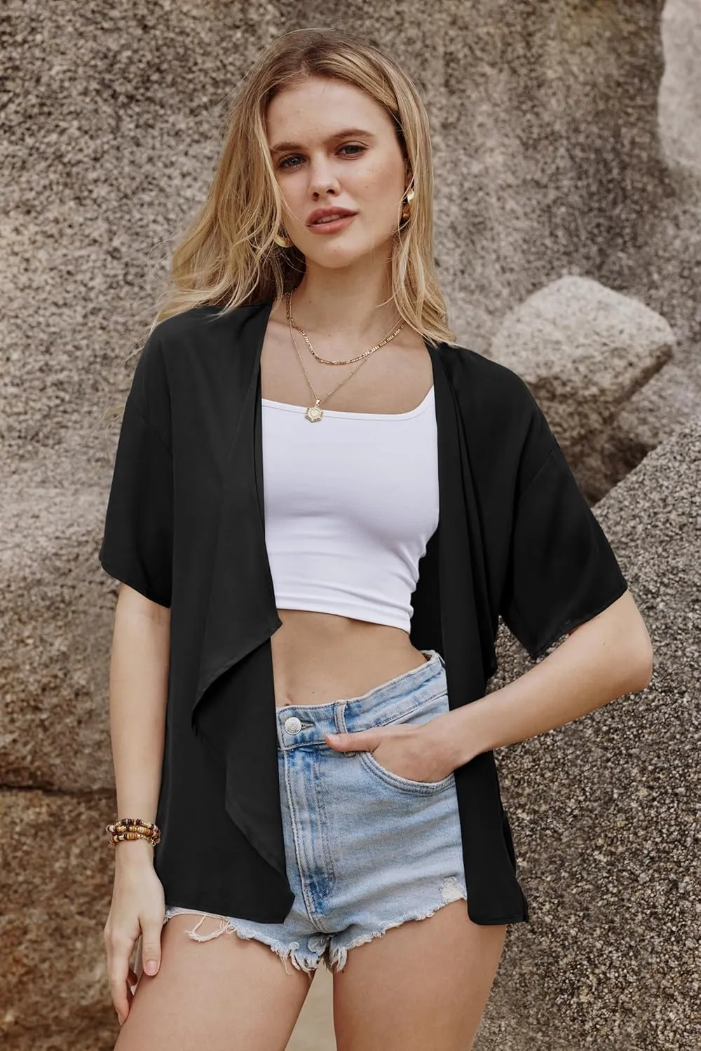 STYLEWORD Womens Lightweight Summer Cardigan Casual Short Sleeve Kimono Boho Draped Beach Cover Ups