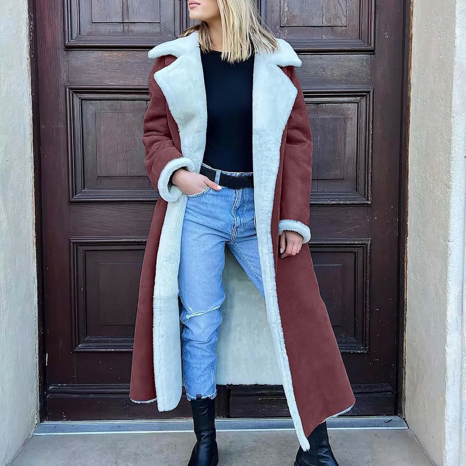 Suede Overcoats Sherpa Lined Womens Winter Coats Trendy Notched Lapel Long Fleece Jacket Warm Slim Fit Furry Outerwear