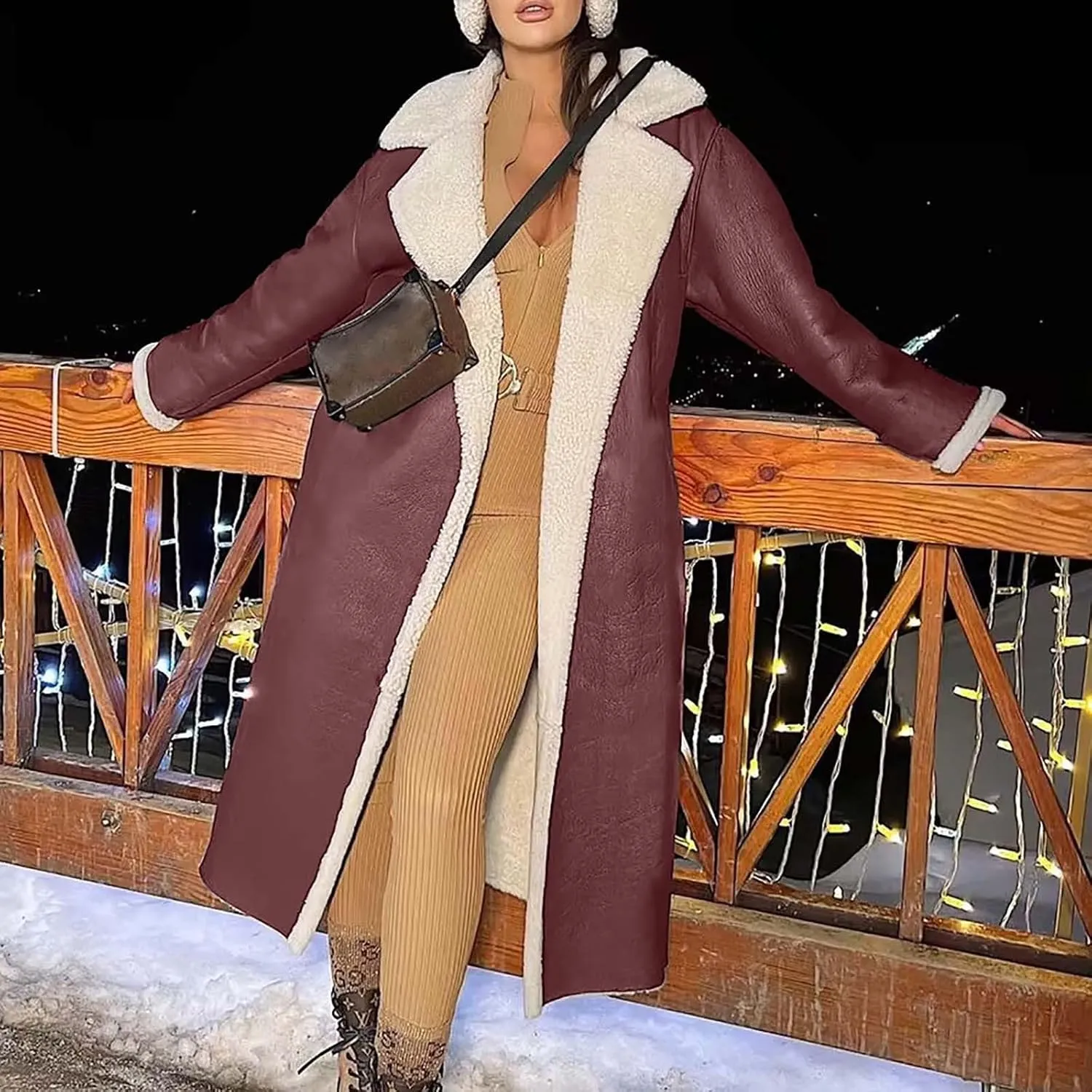 Suede Overcoats Sherpa Lined Womens Winter Coats Trendy Notched Lapel Long Fleece Jacket Warm Slim Fit Furry Outerwear