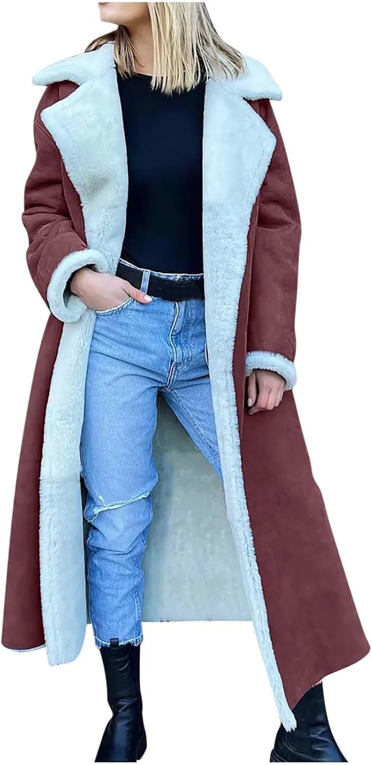 Suede Overcoats Sherpa Lined Womens Winter Coats Trendy Notched Lapel Long Fleece Jacket Warm Slim Fit Furry Outerwear