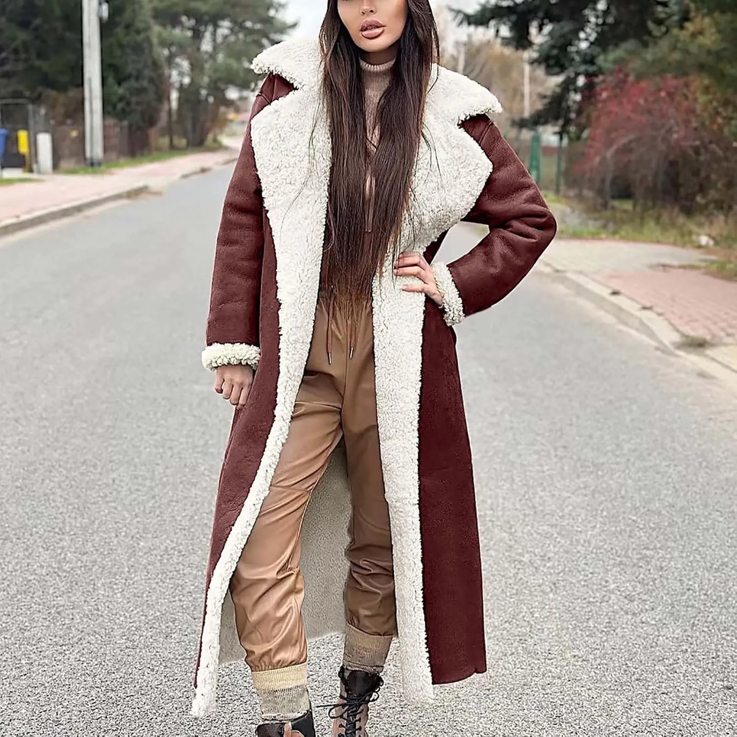 Suede Overcoats Sherpa Lined Womens Winter Coats Trendy Notched Lapel Long Fleece Jacket Warm Slim Fit Furry Outerwear