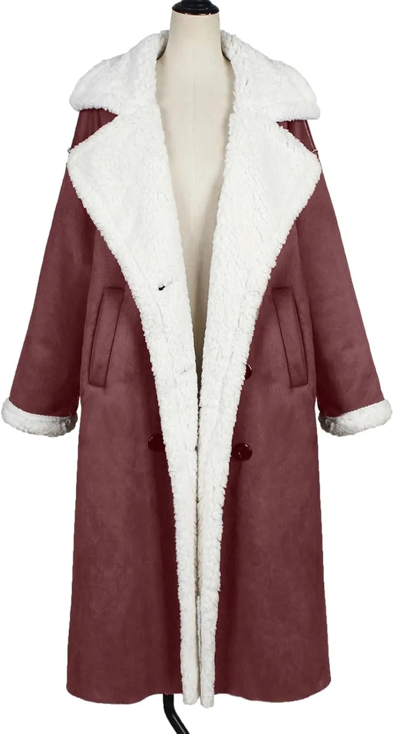 Suede Overcoats Sherpa Lined Womens Winter Coats Trendy Notched Lapel Long Fleece Jacket Warm Slim Fit Furry Outerwear