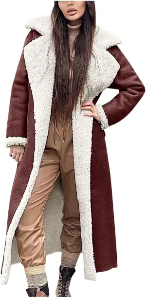 Suede Overcoats Sherpa Lined Womens Winter Coats Trendy Notched Lapel Long Fleece Jacket Warm Slim Fit Furry Outerwear