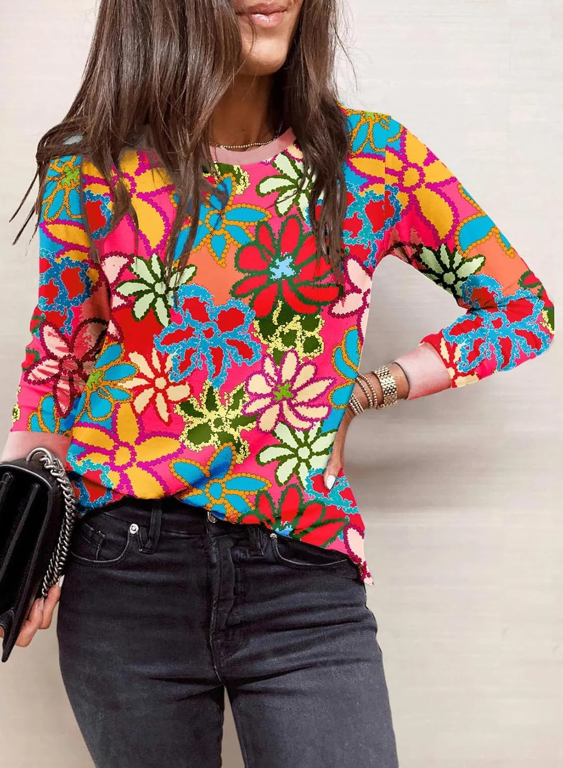 Sulozom Womens Long Sleeve Shirts Crewneck Leopard Printed Tops for Women Casual Dressy Blouses Tee Basic Tops