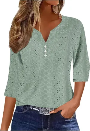 Summer Tops for Women 2025 Trendy 3/4 Sleeve v Neck Eyelet Shirts Dressy Casual Holiday Vacation Tunic Blouses