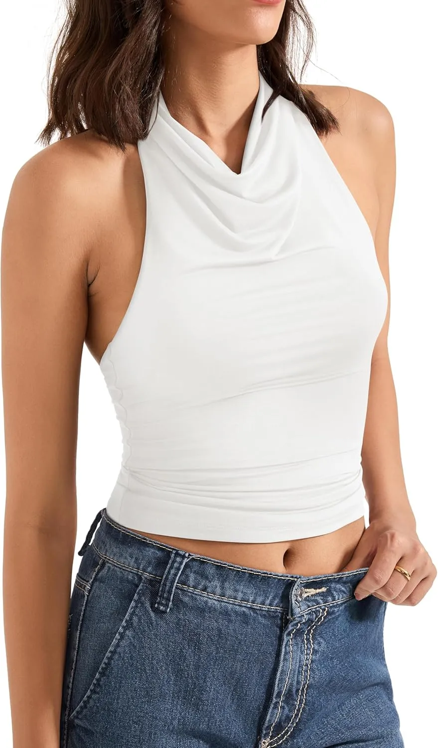 SUUKSESS Women Halter Backless Tank Tops Sexy Cowl Neck Summer Going Out Cami Tops