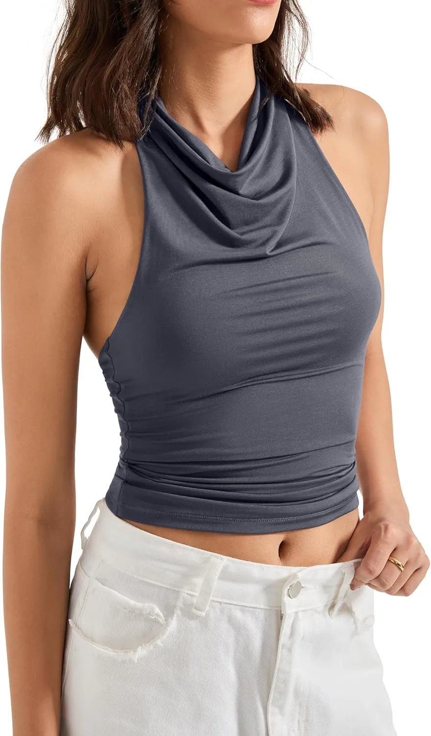 SUUKSESS Women Halter Backless Tank Tops Sexy Cowl Neck Summer Going Out Cami Tops