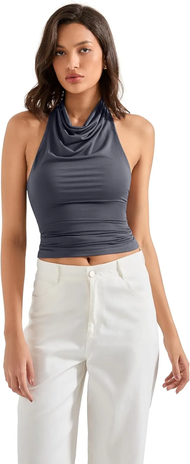 SUUKSESS Women Halter Backless Tank Tops Sexy Cowl Neck Summer Going Out Cami Tops