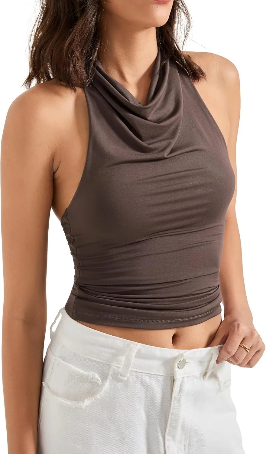SUUKSESS Women Halter Backless Tank Tops Sexy Cowl Neck Summer Going Out Cami Tops