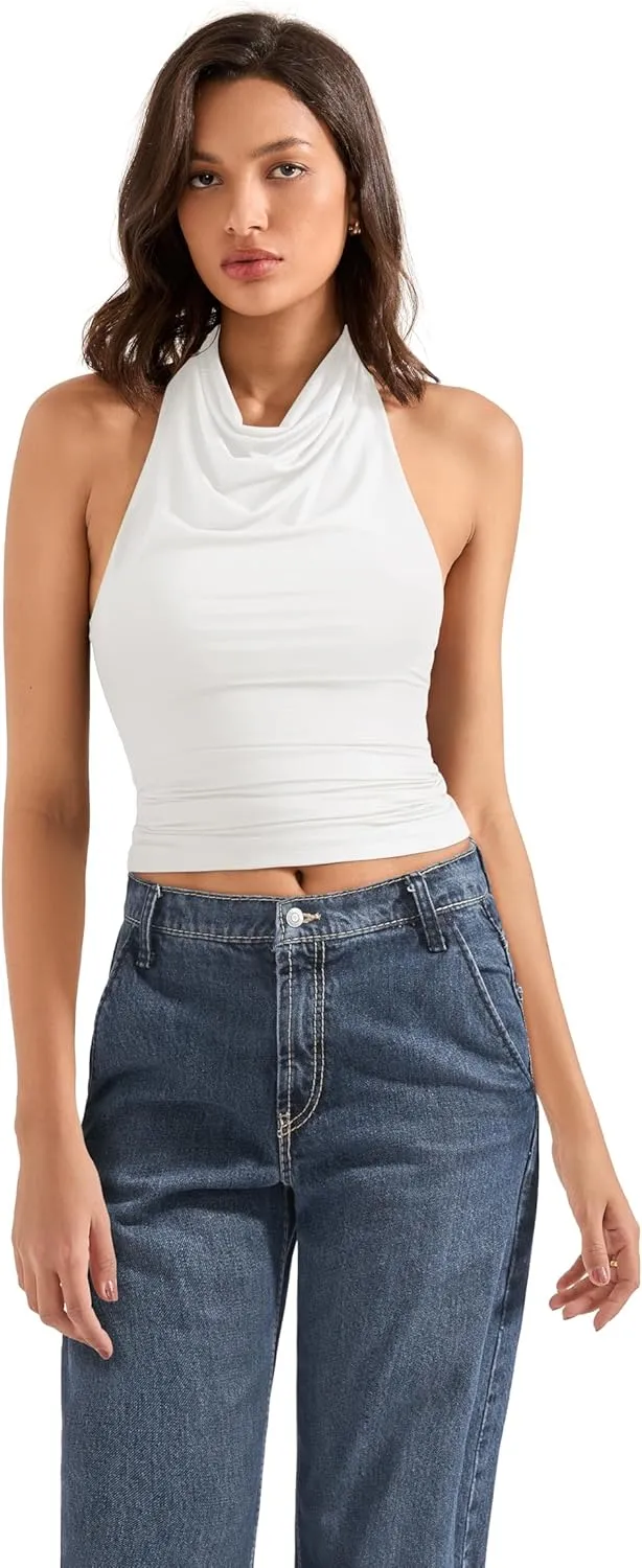 SUUKSESS Women Halter Backless Tank Tops Sexy Cowl Neck Summer Going Out Cami Tops