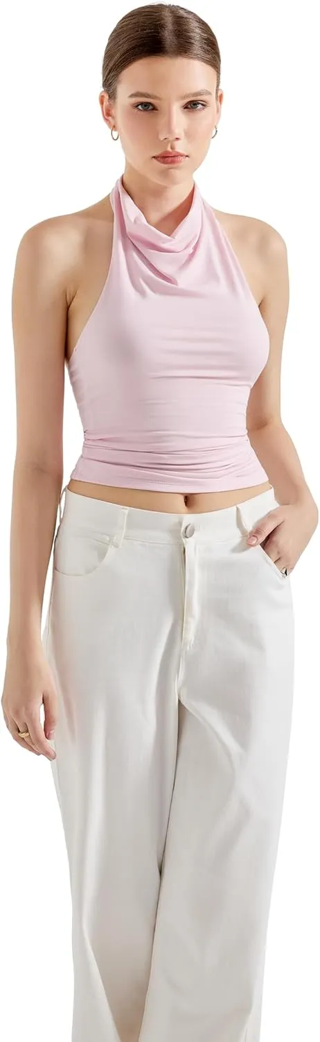 SUUKSESS Women Halter Backless Tank Tops Sexy Cowl Neck Summer Going Out Cami Tops