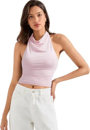 SUUKSESS Women Halter Backless Tank Tops Sexy Cowl Neck Summer Going Out Cami Tops