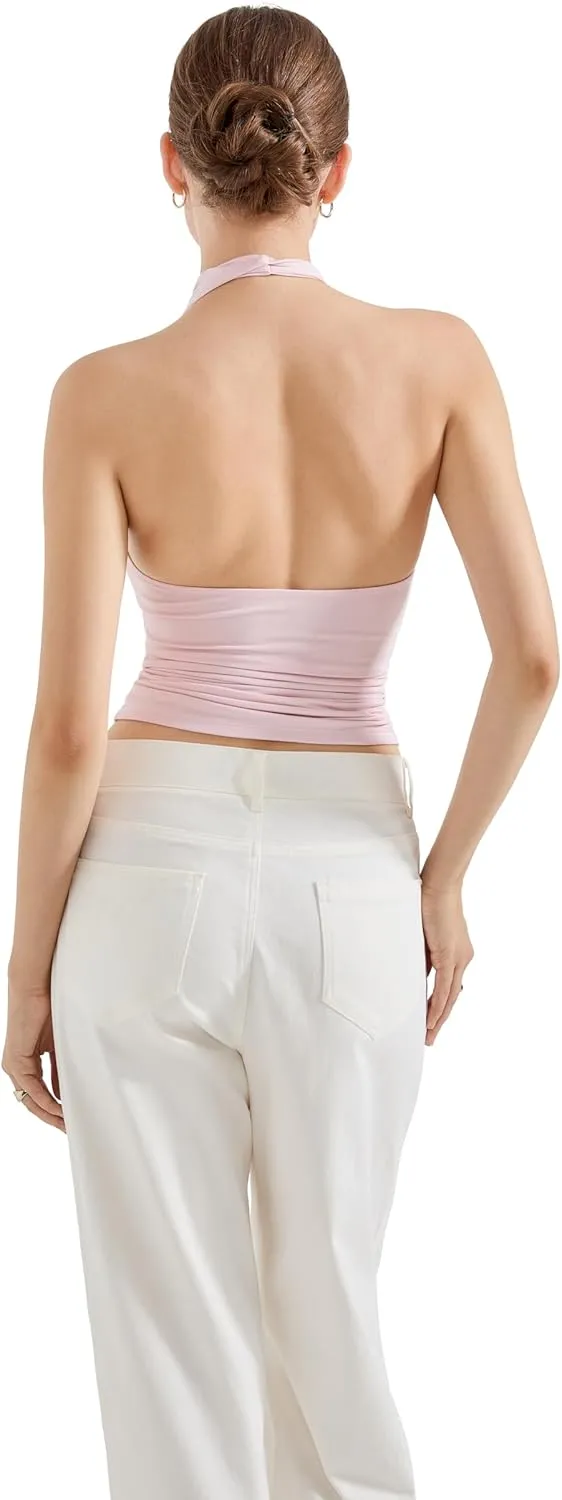 SUUKSESS Women Halter Backless Tank Tops Sexy Cowl Neck Summer Going Out Cami Tops