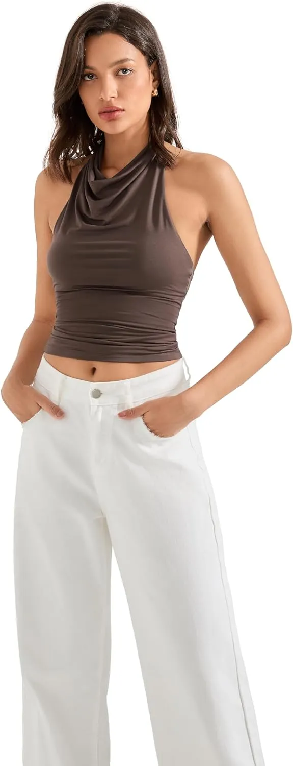SUUKSESS Women Halter Backless Tank Tops Sexy Cowl Neck Summer Going Out Cami Tops