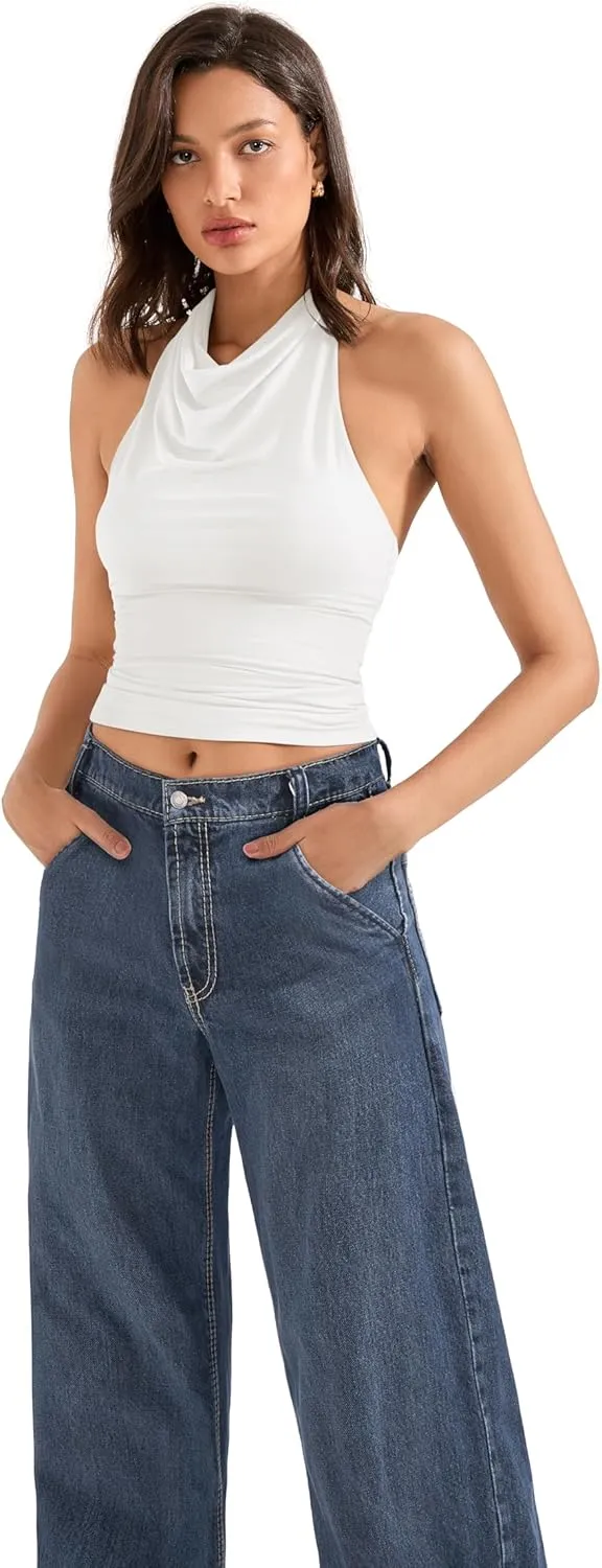 SUUKSESS Women Halter Backless Tank Tops Sexy Cowl Neck Summer Going Out Cami Tops