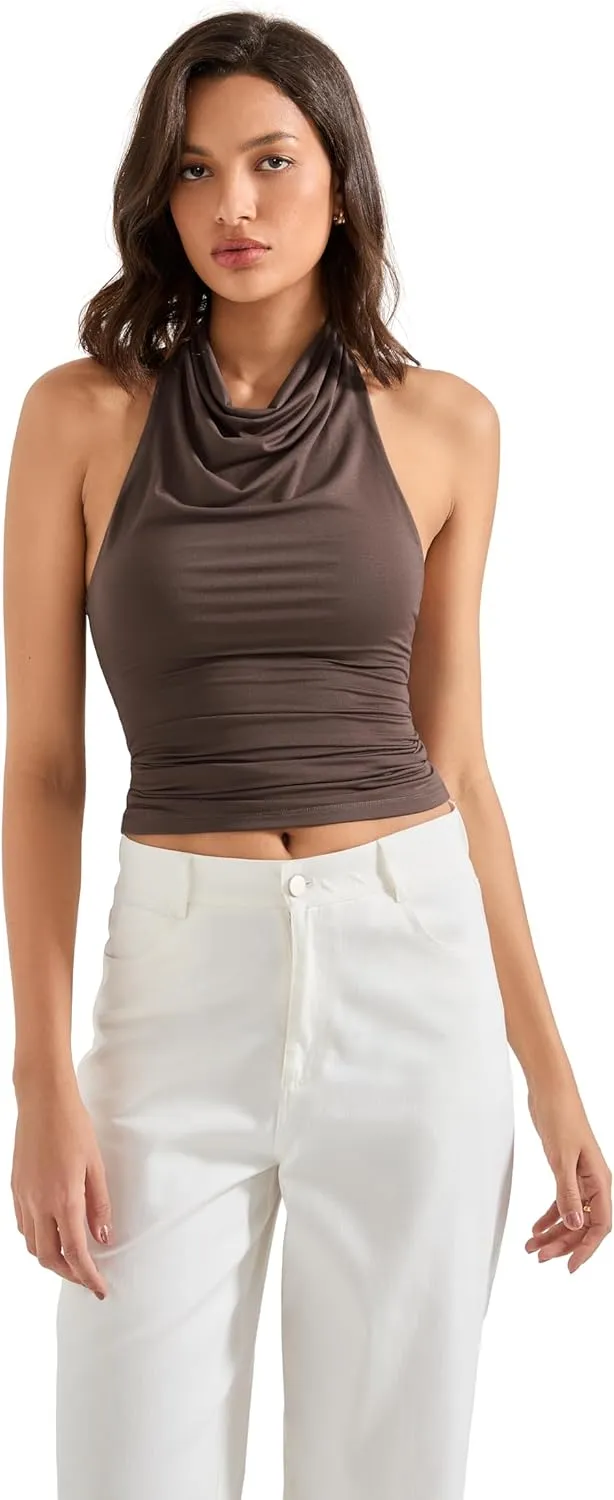 SUUKSESS Women Halter Backless Tank Tops Sexy Cowl Neck Summer Going Out Cami Tops