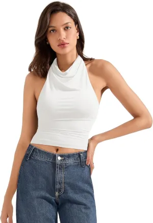 SUUKSESS Women Halter Backless Tank Tops Sexy Cowl Neck Summer Going Out Cami Tops