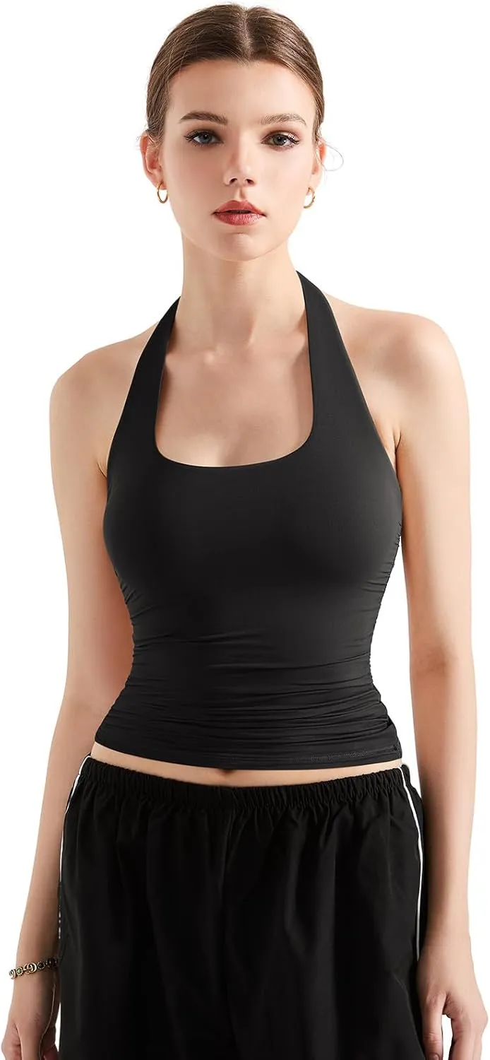 SUUKSESS Women Halter Tank Tops Double Lined Backless Y2K Trendy Going Out Tops