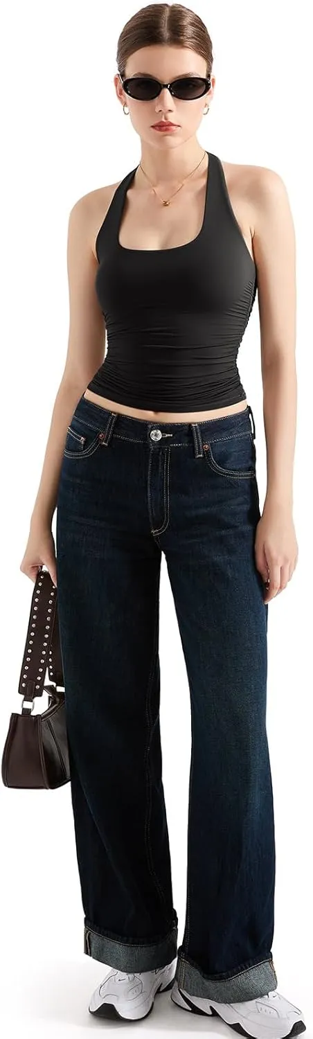 SUUKSESS Women Halter Tank Tops Double Lined Backless Y2K Trendy Going Out Tops