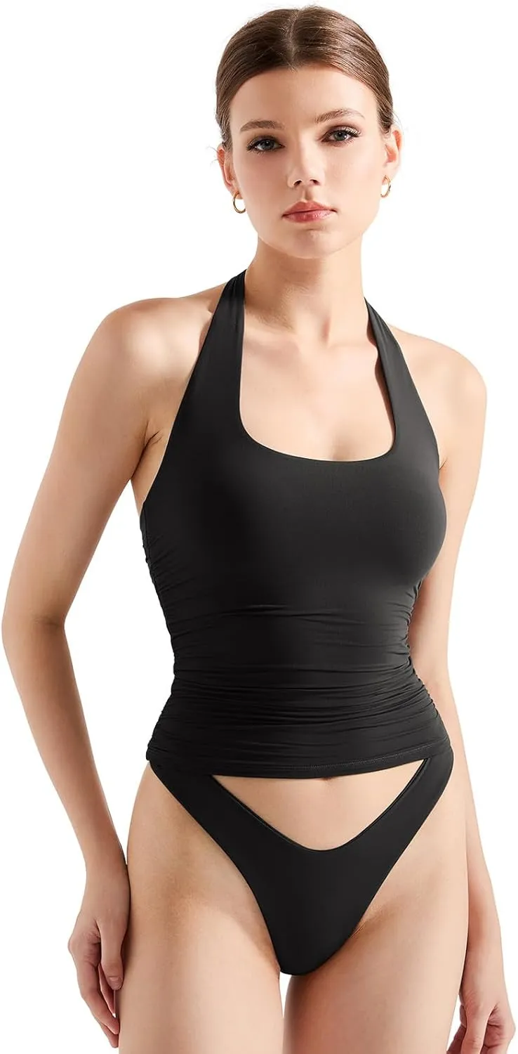 SUUKSESS Women Halter Tank Tops Double Lined Backless Y2K Trendy Going Out Tops