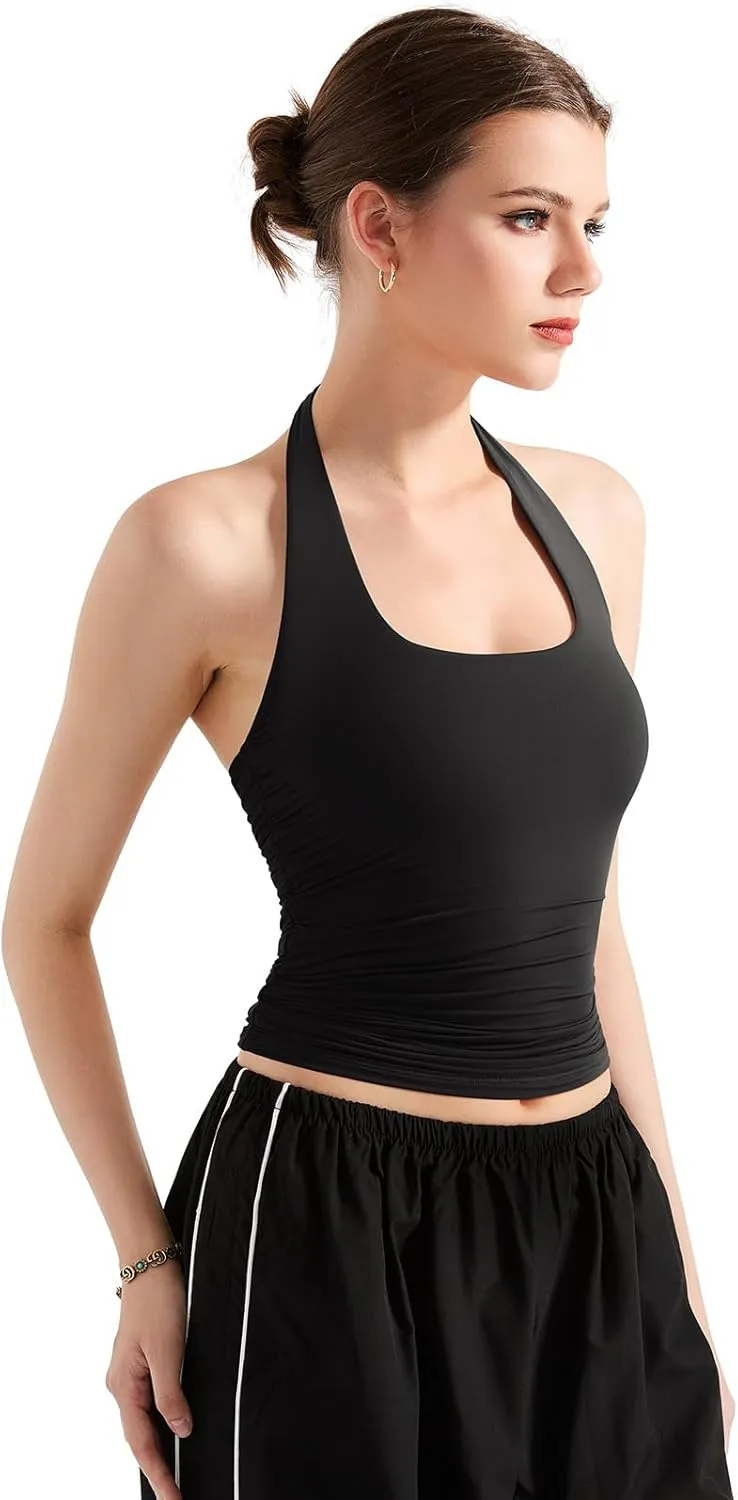 SUUKSESS Women Halter Tank Tops Double Lined Backless Y2K Trendy Going Out Tops